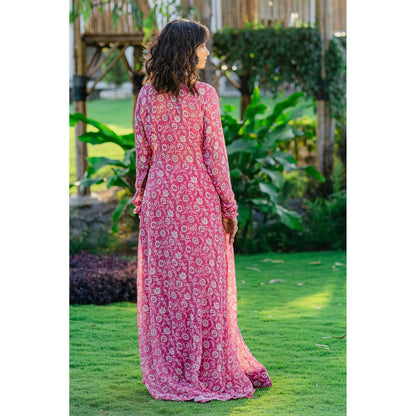 Redpine Designs Mauve Printed, Embroidered Long Jacket with Palazzo and Bustier (Set of 3)