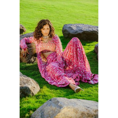 Redpine Designs Mauve Printed, Embroidered Long Jacket with Palazzo and Bustier (Set of 3)
