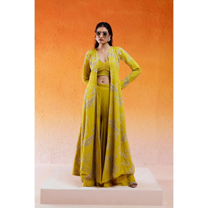 Redpine Designs Daisy Yellow Embroidered Jacket with Sharara and Bustier (Set of 3)