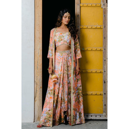 Redpine Designs Peach Printed, Embroidered Long Jacket with Skirt and Blouse (Set of 3)