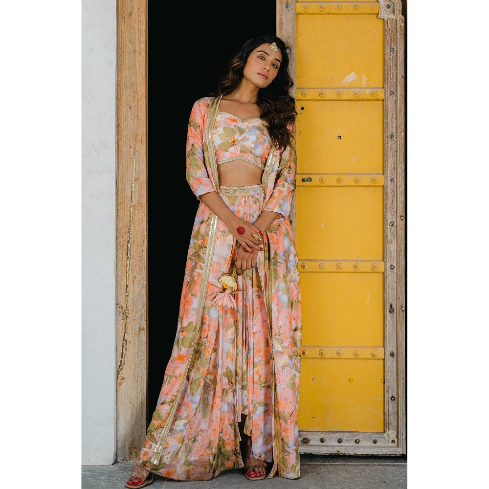 Redpine Designs Peach Printed, Embroidered Long Jacket with Skirt and Blouse (Set of 3)