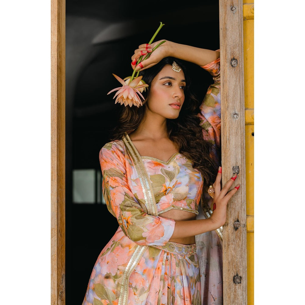 Redpine Designs Peach Printed, Embroidered Long Jacket with Skirt and Blouse (Set of 3)