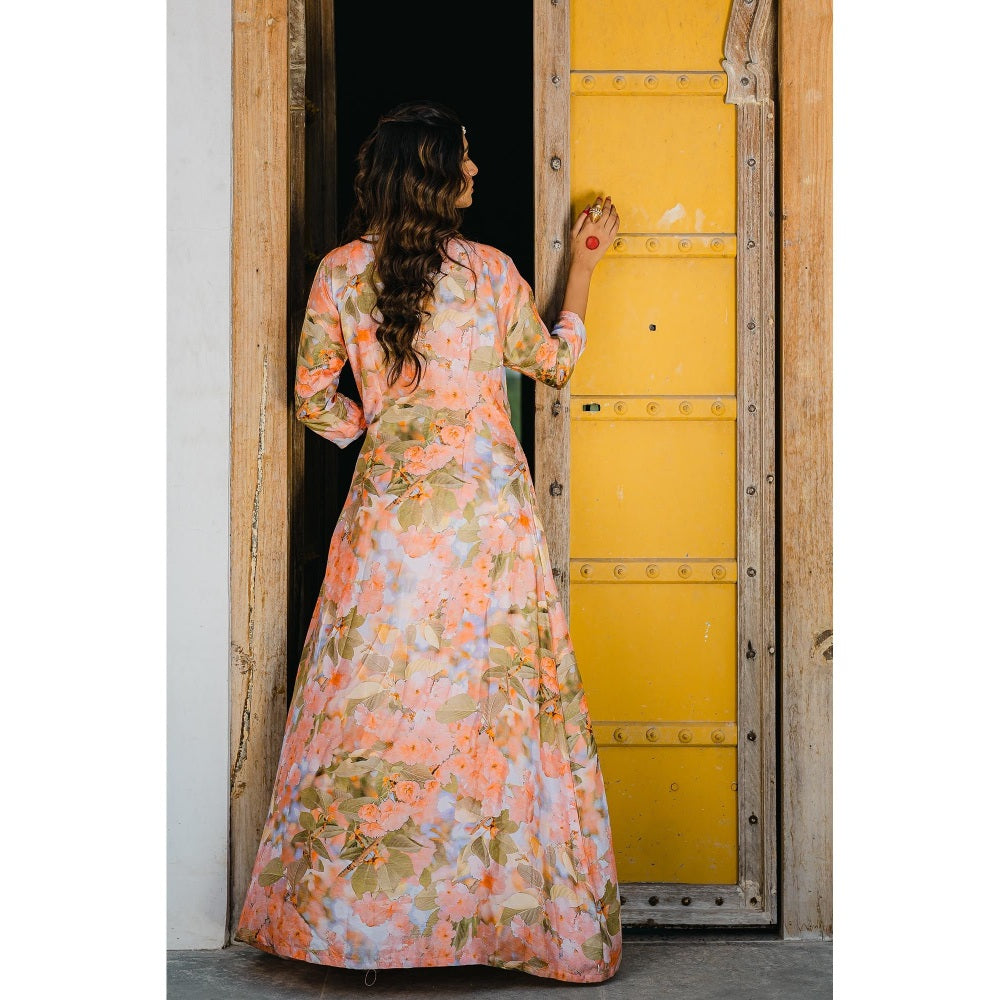 Redpine Designs Peach Printed, Embroidered Long Jacket with Skirt and Blouse (Set of 3)