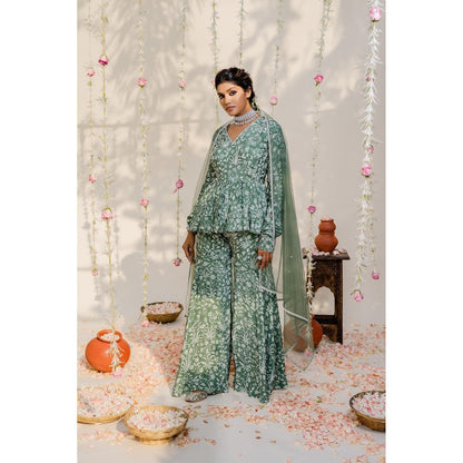 Redpine Designs Olive Embroidered Peplum Top with Sharara and Dupatta (Set of 3)