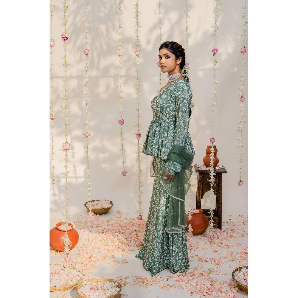 Redpine Designs Olive Embroidered Peplum Top with Sharara and Dupatta (Set of 3)