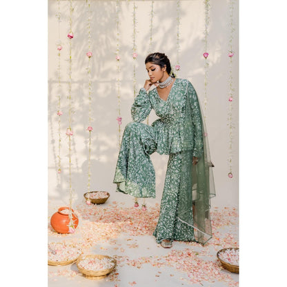 Redpine Designs Olive Embroidered Peplum Top with Sharara and Dupatta (Set of 3)