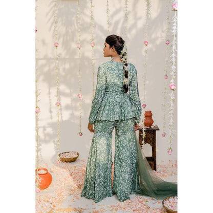 Redpine Designs Olive Embroidered Peplum Top with Sharara and Dupatta (Set of 3)