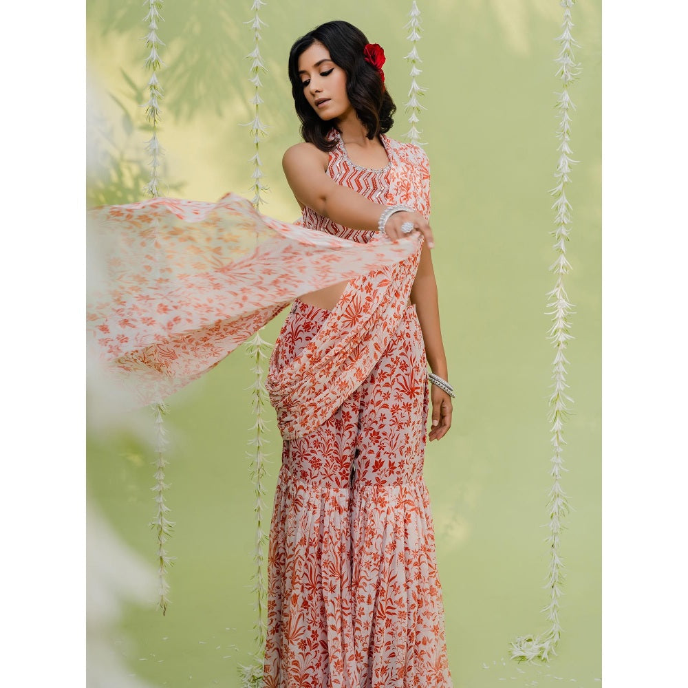 Redpine Designs Orange Embroidered Sharara with Attached Draped and Bustier (Set of 2)