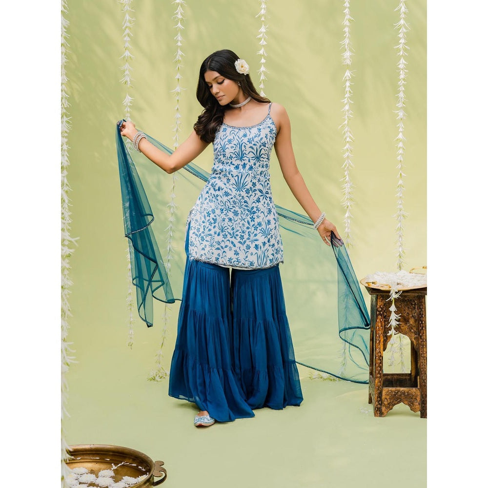 Redpine Designs Blue Floral Printed Sharara with Kurta and Dupatta (Set of 3)