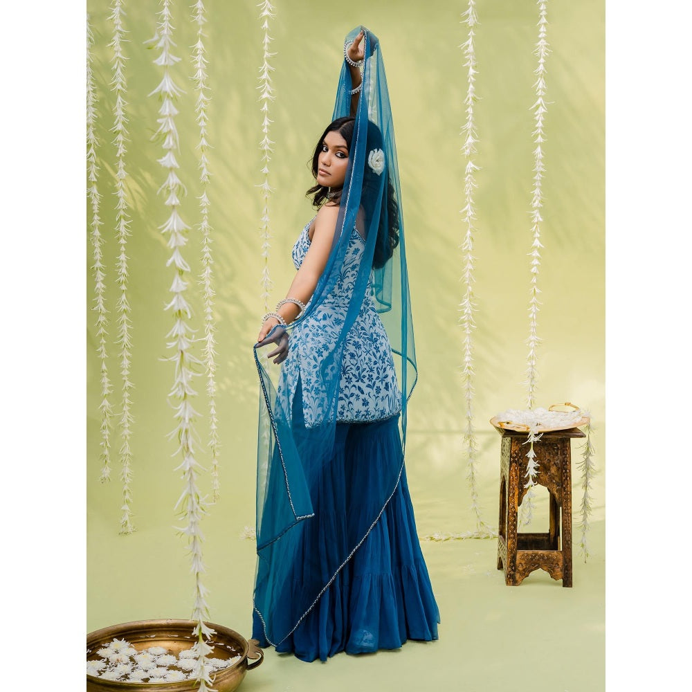 Redpine Designs Blue Floral Printed Sharara with Kurta and Dupatta (Set of 3)