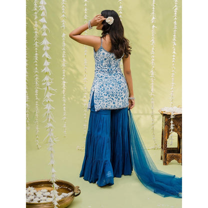 Redpine Designs Blue Floral Printed Sharara with Kurta and Dupatta (Set of 3)