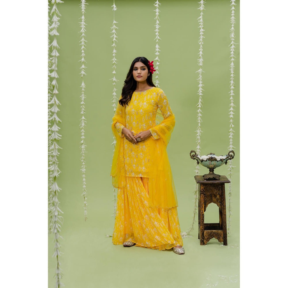 Redpine Designs Sunny Yellow Printed Embroidered Sharara with Kurta and Dupatta (Set of 2)