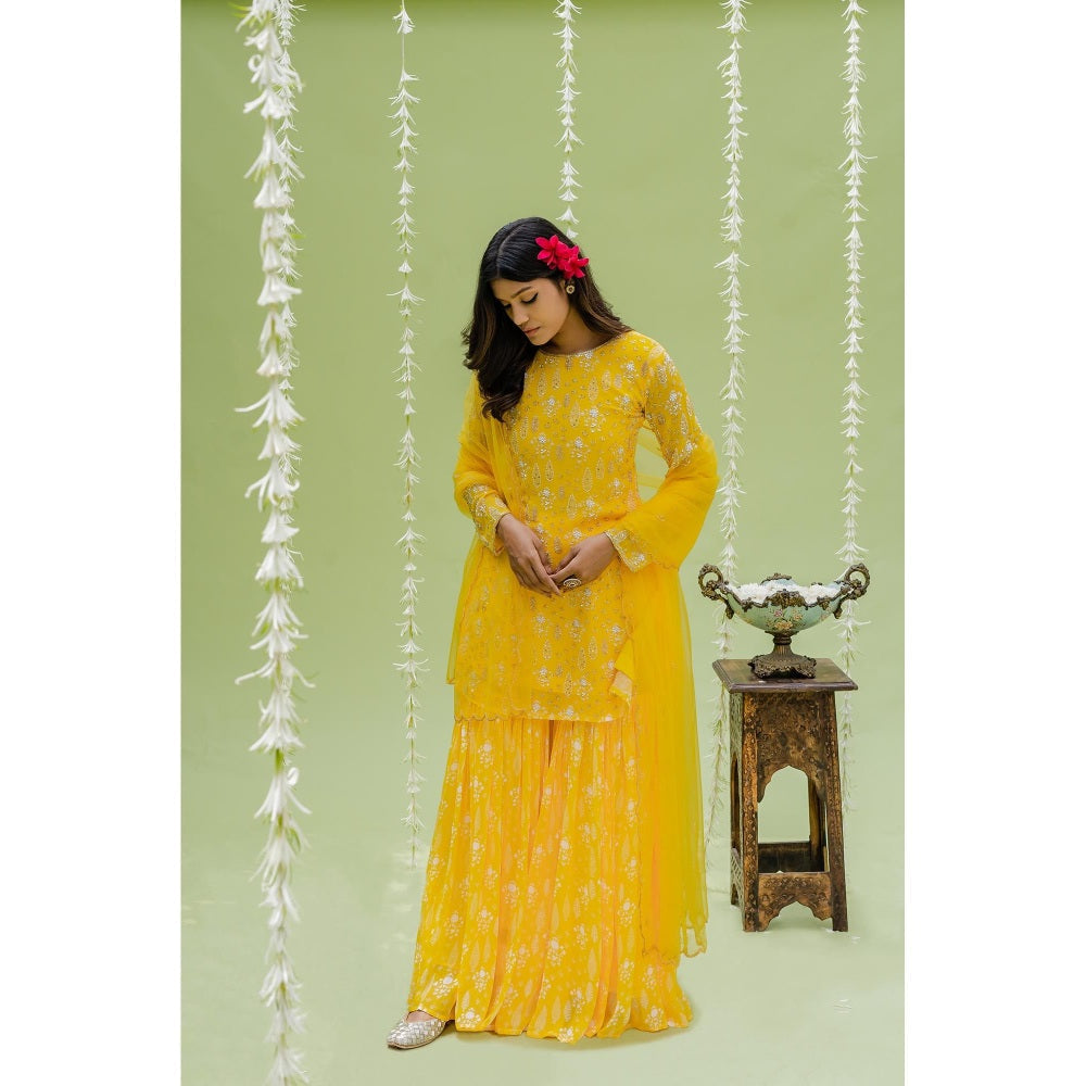 Redpine Designs Sunny Yellow Printed Embroidered Sharara with Kurta and Dupatta (Set of 2)