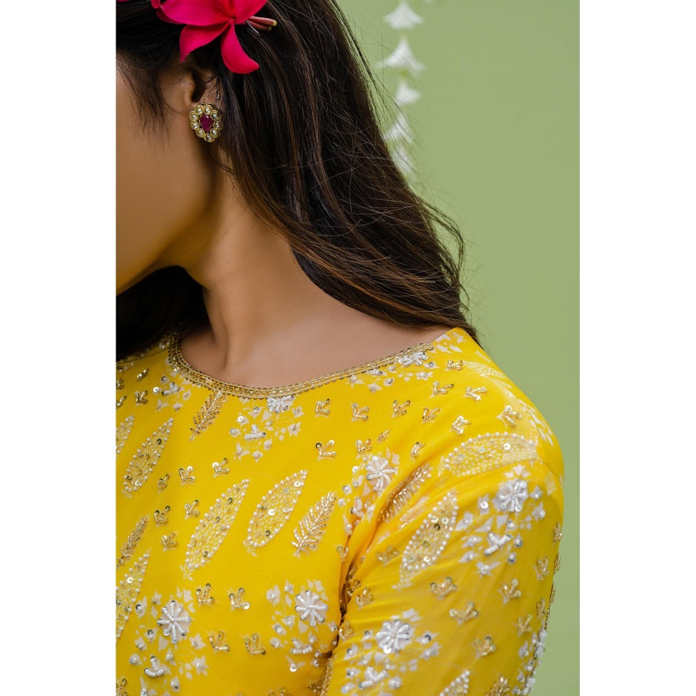 Redpine Designs Sunny Yellow Printed Embroidered Sharara with Kurta and Dupatta (Set of 2)