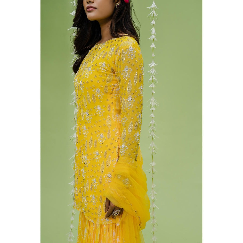 Redpine Designs Sunny Yellow Printed Embroidered Sharara with Kurta and Dupatta (Set of 2)