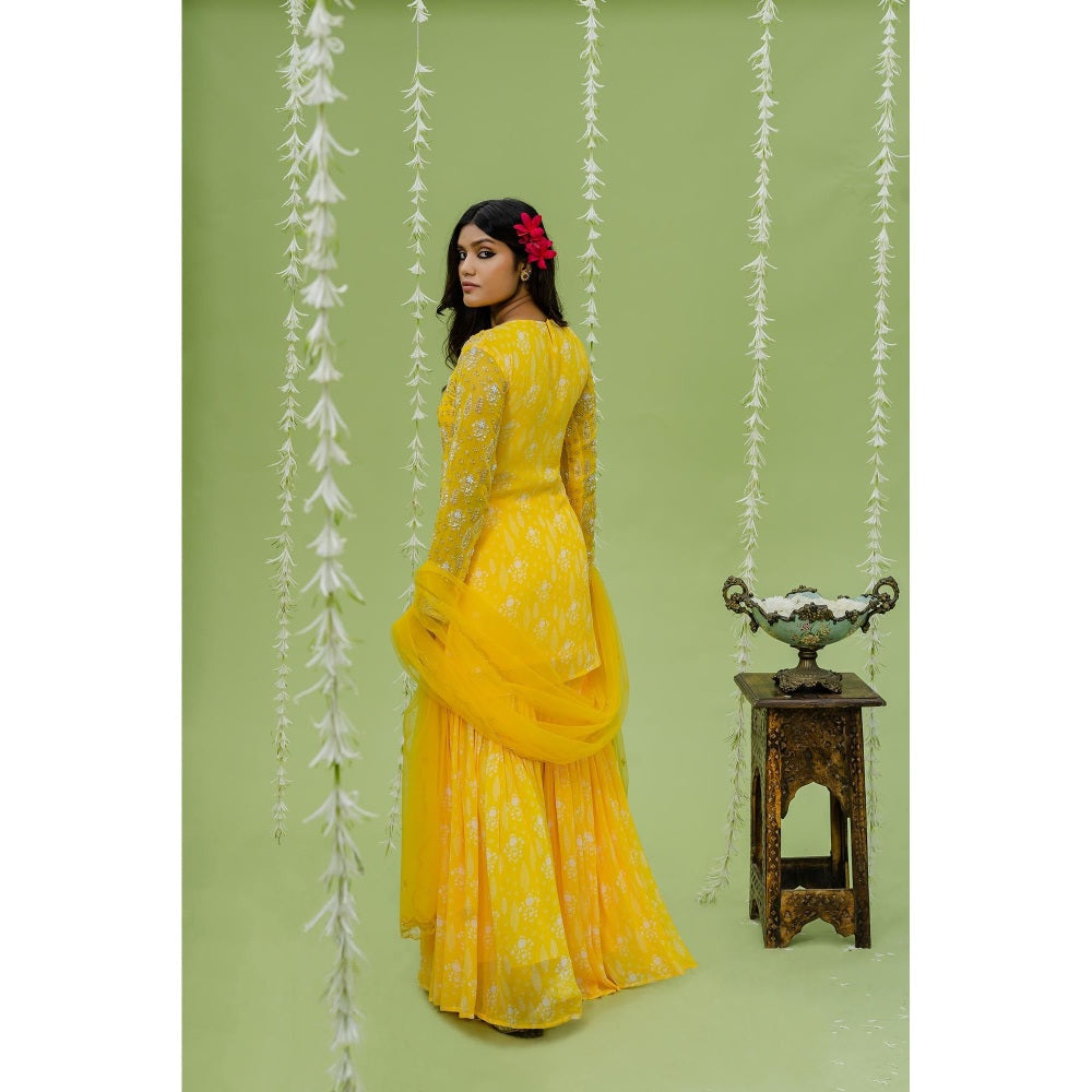 Redpine Designs Sunny Yellow Printed Embroidered Sharara with Kurta and Dupatta (Set of 2)