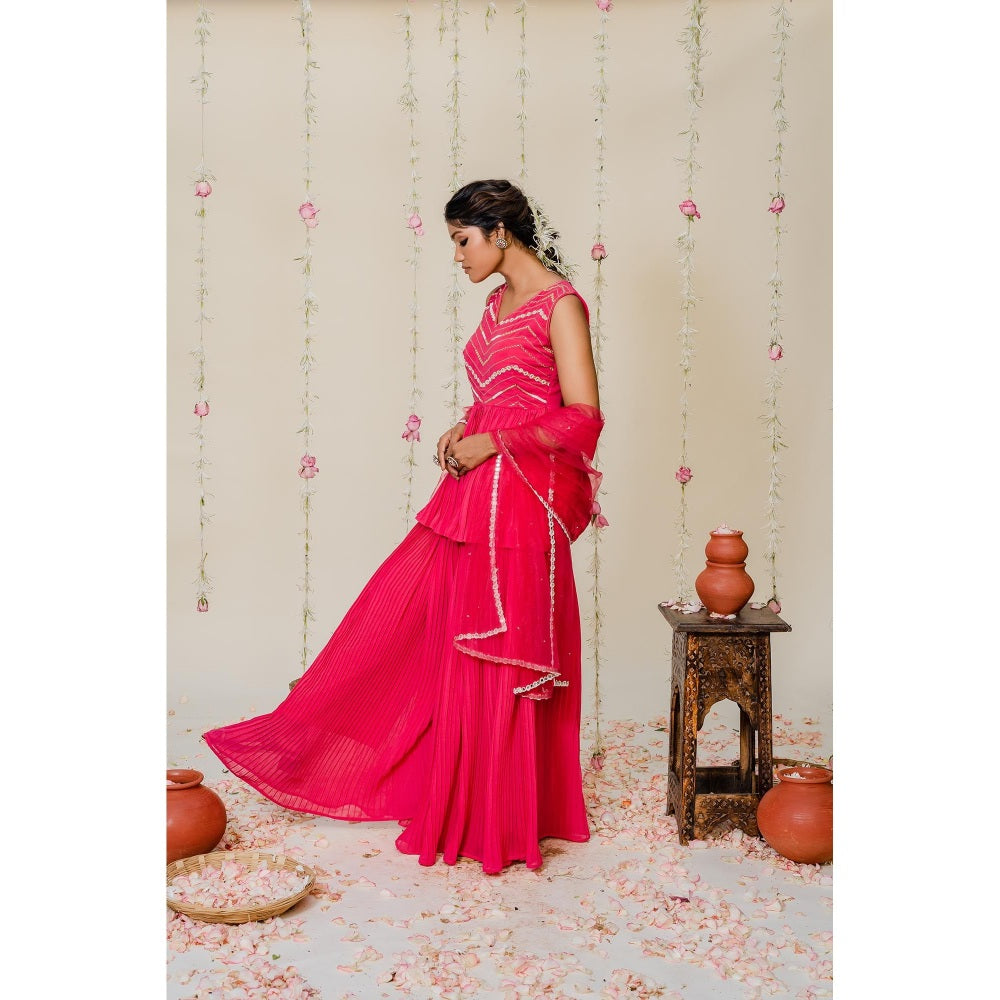 Redpine Designs Pink Embroidered Peplum Top with Sharara and Dupatta (Set of 3)