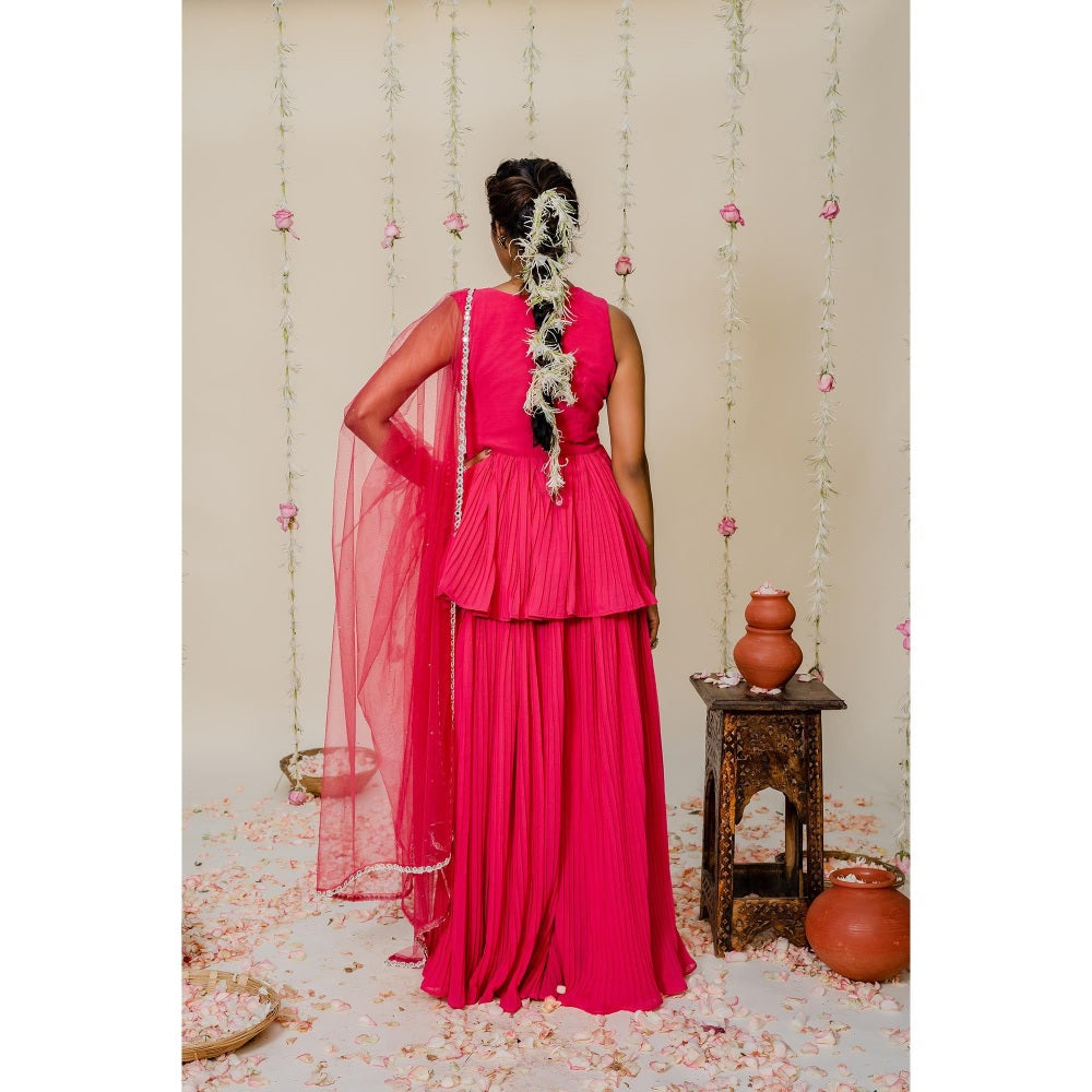 Redpine Designs Pink Embroidered Peplum Top with Sharara and Dupatta (Set of 3)