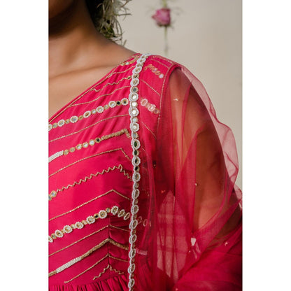 Redpine Designs Pink Embroidered Peplum Top with Sharara and Dupatta (Set of 3)