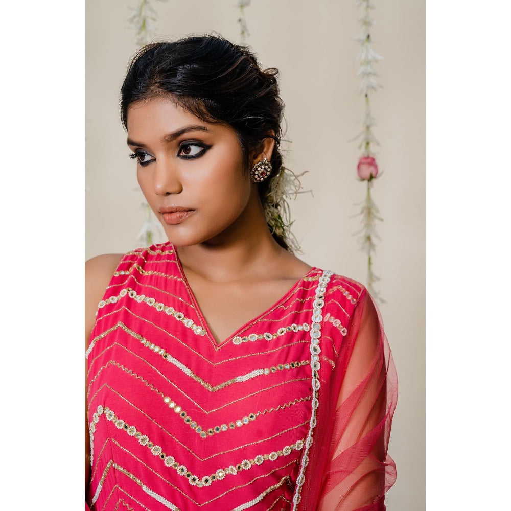 Redpine Designs Pink Embroidered Peplum Top with Sharara and Dupatta (Set of 3)