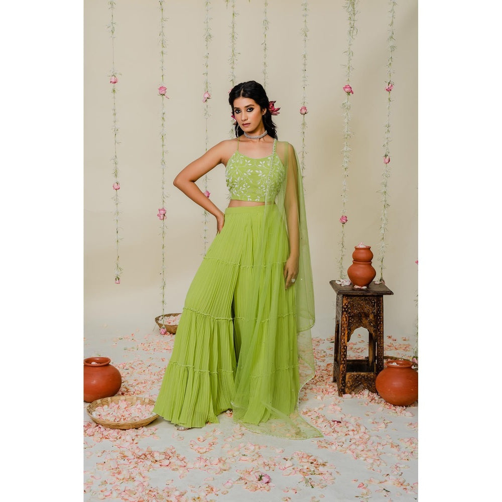 Redpine Designs Green Embroidered Sharara with Blouse and Dupatta (Set of 3)