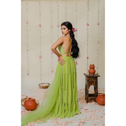 Redpine Designs Green Embroidered Sharara with Blouse and Dupatta (Set of 3)