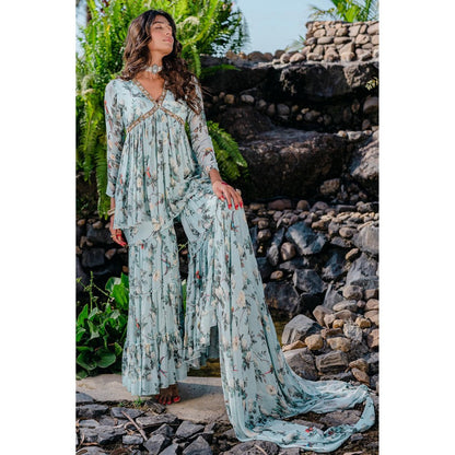 Redpine Designs Powder Blue Printed, Embroidered Sharara with Kurta and Dupatta (Set of 3)