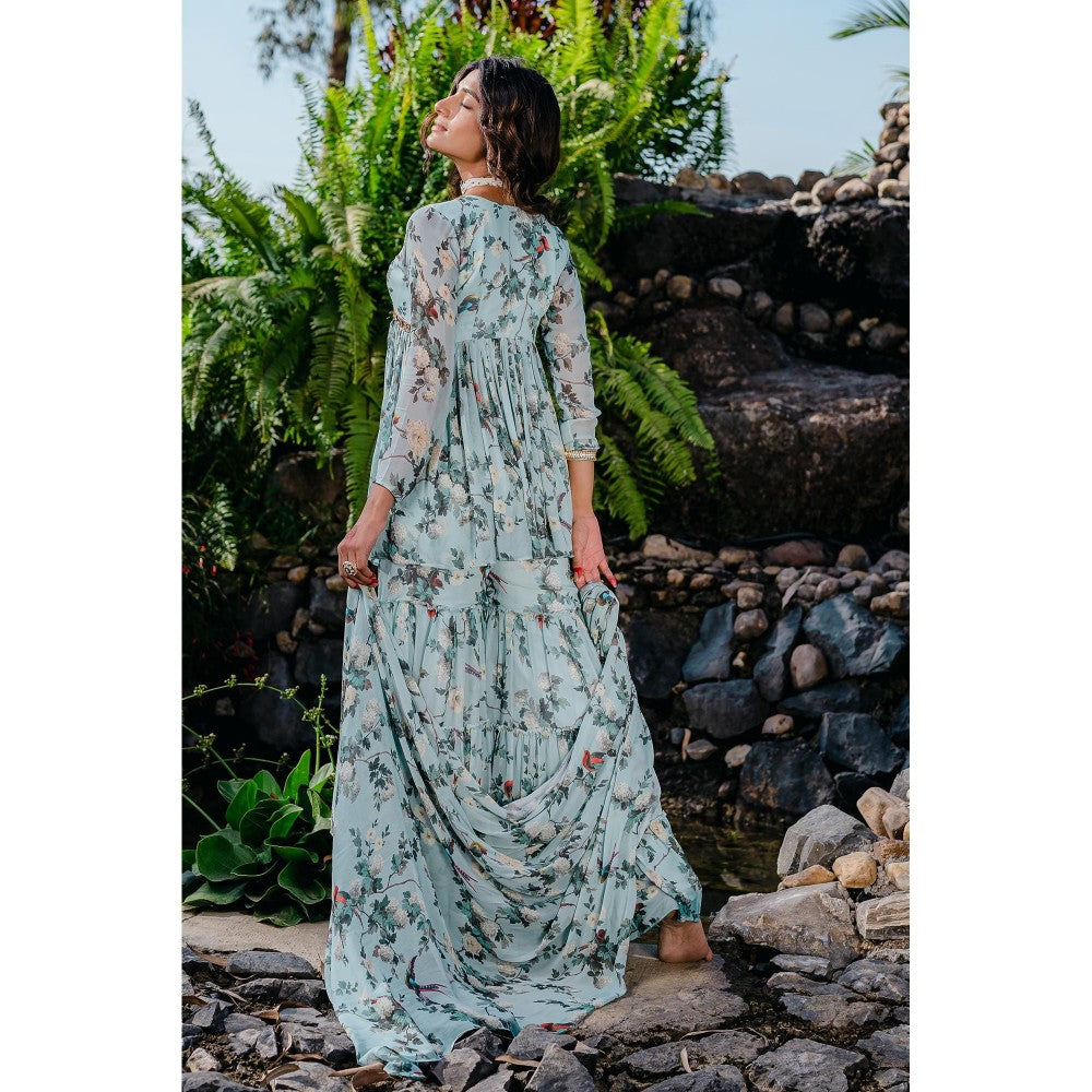 Redpine Designs Powder Blue Printed, Embroidered Sharara with Kurta and Dupatta (Set of 3)