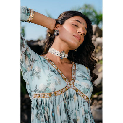 Redpine Designs Powder Blue Printed, Embroidered Sharara with Kurta and Dupatta (Set of 3)