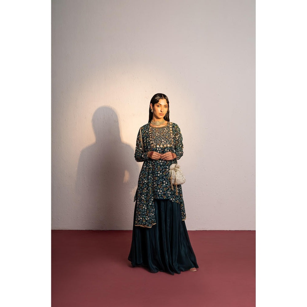 Redpine Designs Green Mirror, Embroidered Sharara with Kurta and Dupatta (Set of 3)