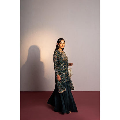 Redpine Designs Green Mirror, Embroidered Sharara with Kurta and Dupatta (Set of 3)