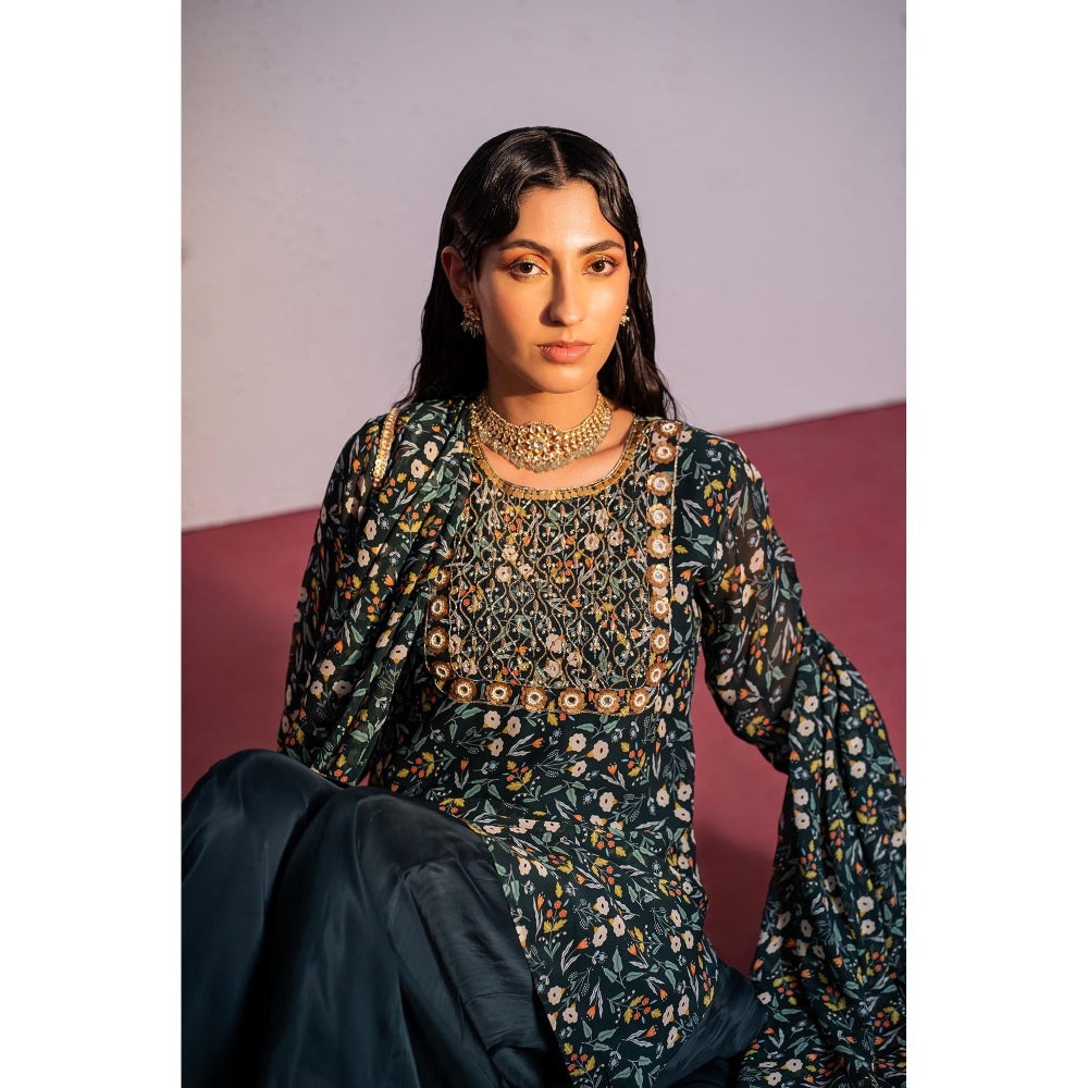 Redpine Designs Green Mirror, Embroidered Sharara with Kurta and Dupatta (Set of 3)