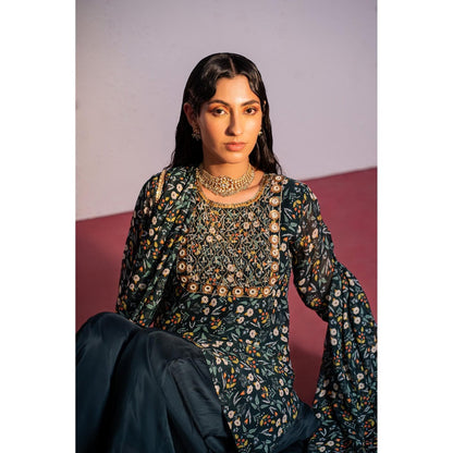 Redpine Designs Green Mirror, Embroidered Sharara with Kurta and Dupatta (Set of 3)