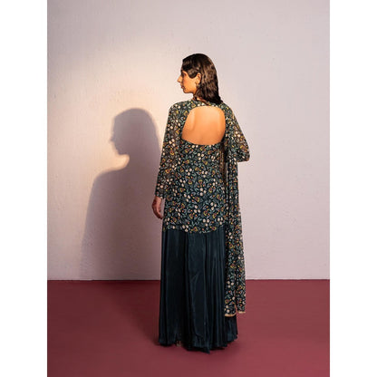 Redpine Designs Green Mirror, Embroidered Sharara with Kurta and Dupatta (Set of 3)