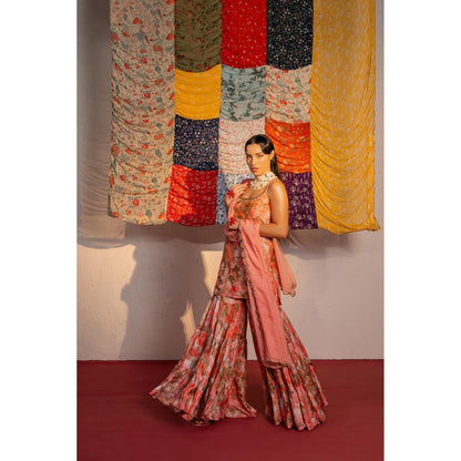 Redpine Designs Coral Embroidered Sharara with Kurta and Dupatta (Set of 3)