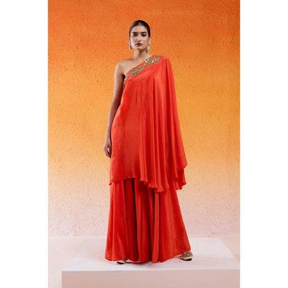 Redpine Designs Rust One Shoulder Embroidered Kurta with Sharara (Set of 2)