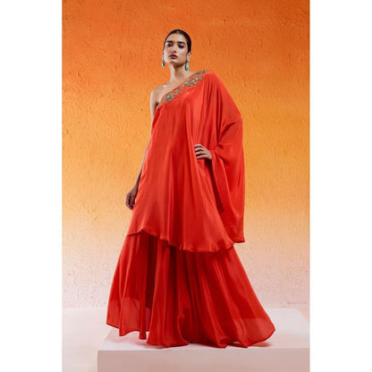 Redpine Designs Rust One Shoulder Embroidered Kurta with Sharara (Set of 2)