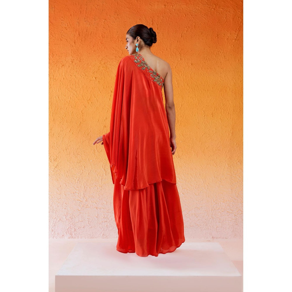 Redpine Designs Rust One Shoulder Embroidered Kurta with Sharara (Set of 2)