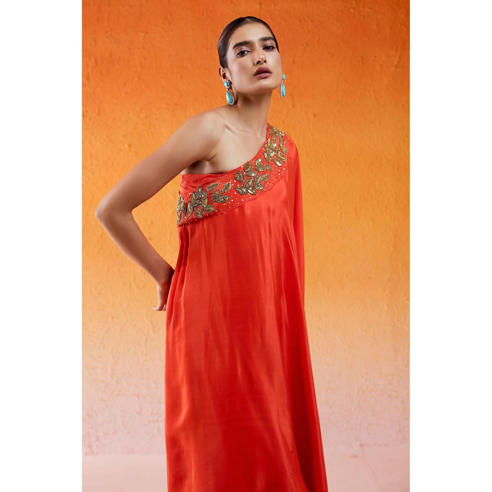 Redpine Designs Rust One Shoulder Embroidered Kurta with Sharara (Set of 2)