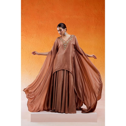 Redpine Designs Brown Embroidered Sharara with Cape Sleeve Kurta (Set of 2)