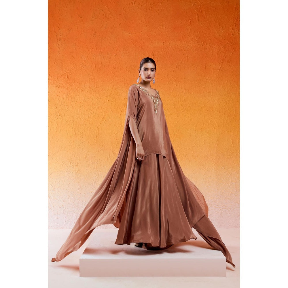 Redpine Designs Brown Embroidered Sharara with Cape Sleeve Kurta (Set of 2)