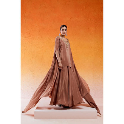 Redpine Designs Brown Embroidered Sharara with Cape Sleeve Kurta (Set of 2)