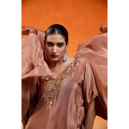 Redpine Designs Brown Embroidered Sharara with Cape Sleeve Kurta (Set of 2)