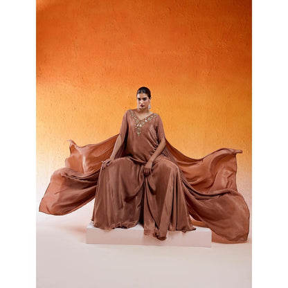 Redpine Designs Brown Embroidered Sharara with Cape Sleeve Kurta (Set of 2)