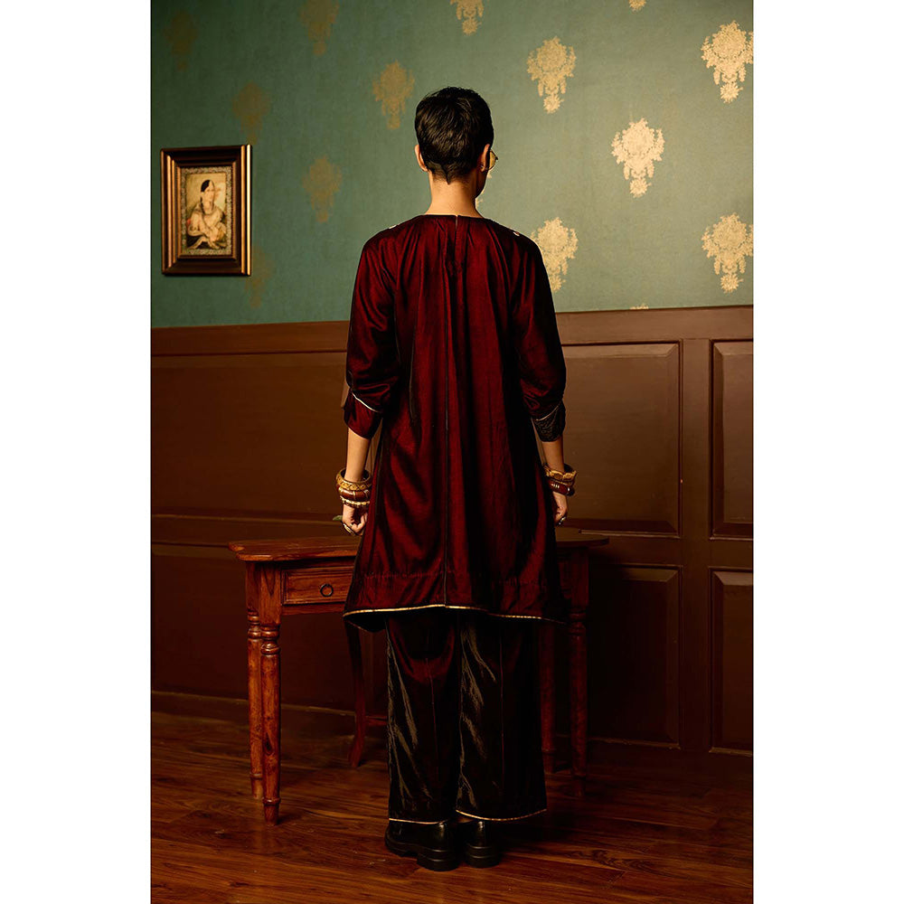 REETI ARNEJA Maroon Sangria Velvet Kurta with Palazzo (Set of 2)