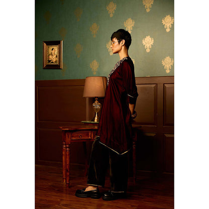 REETI ARNEJA Maroon Sangria Velvet Kurta with Palazzo (Set of 2)