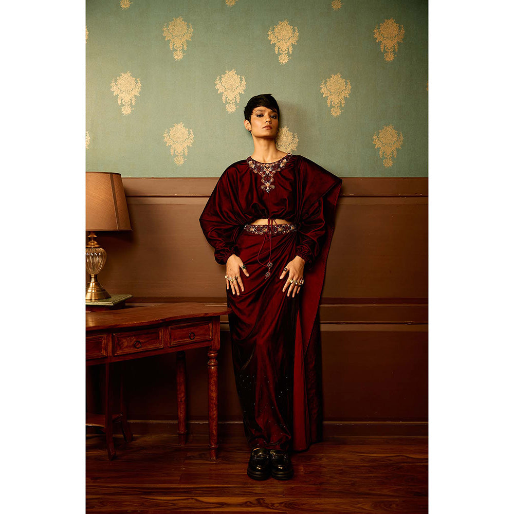 REETI ARNEJA Maroon Sangria Velvet Drape Skirt with Bolero (Set of 2)