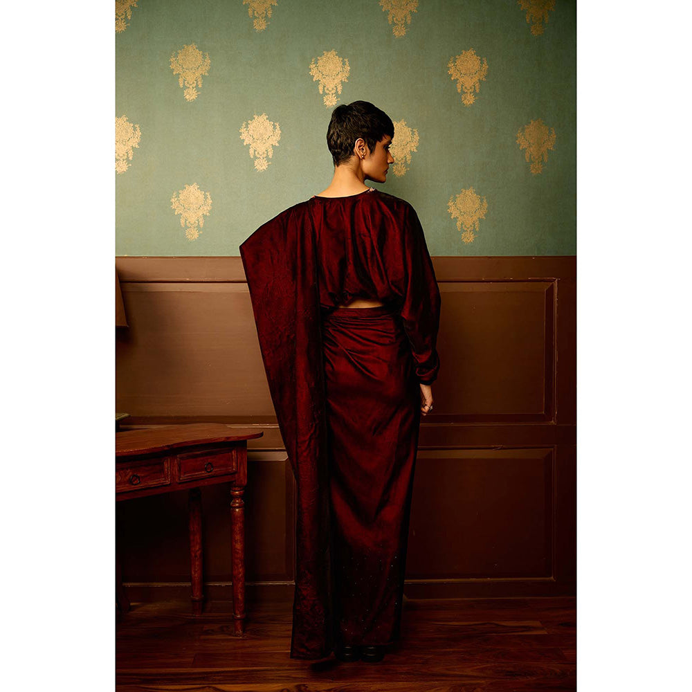 REETI ARNEJA Maroon Sangria Velvet Drape Skirt with Bolero (Set of 2)