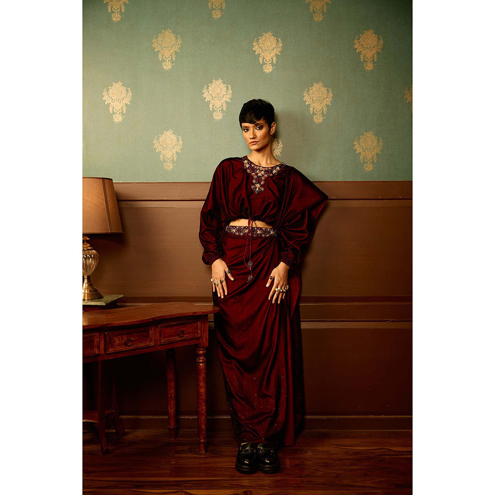 REETI ARNEJA Maroon Sangria Velvet Drape Skirt with Bolero (Set of 2)
