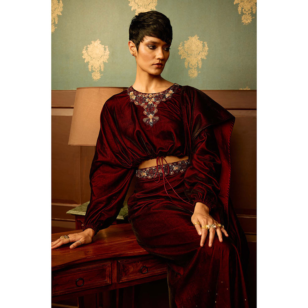 REETI ARNEJA Maroon Sangria Velvet Drape Skirt with Bolero (Set of 2)